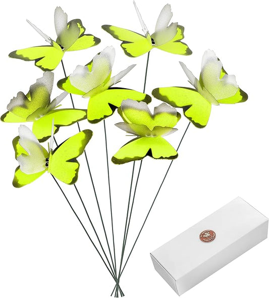 Handmade Yellow Butterfly Garden Stakes - Set of 7 Premium 3D Hand-Painted Butterflies with Fluttering Spring Movement, Weatherproof Metal Rod, Outdoor Indoor Decor, Ideal Gift