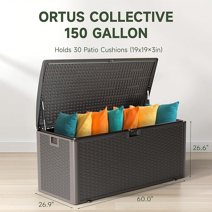 Ortus Collective 150-Gallon Large Deck Box – Features Lockable, UV-Resistant & Waterproof Double-Layer Resin Construction for All-Weather Outdoor Storage (Brown)