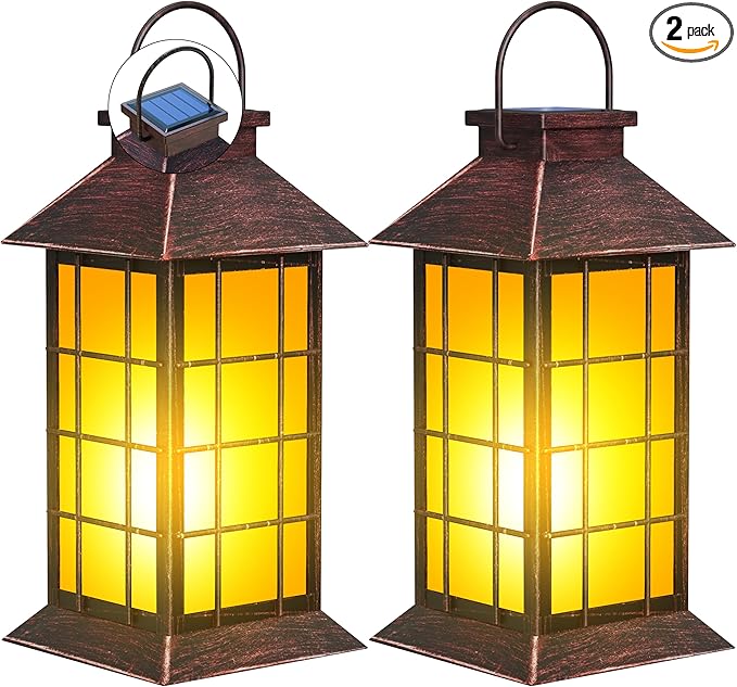 2 Pack 13" Copper Solar Lantern with Flickering Flame Candle | Outdoor Waterproof Hanging Solar Lanterns, Metal & Glass Lights for Garden Decoration, Rustic Gifts for Mom