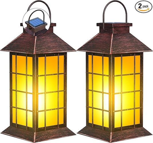 2 Pack 13" Copper Solar Lantern with Flickering Flame Candle | Outdoor Waterproof Hanging Solar Lanterns, Metal & Glass Lights for Garden Decoration, Rustic Gifts for Mom