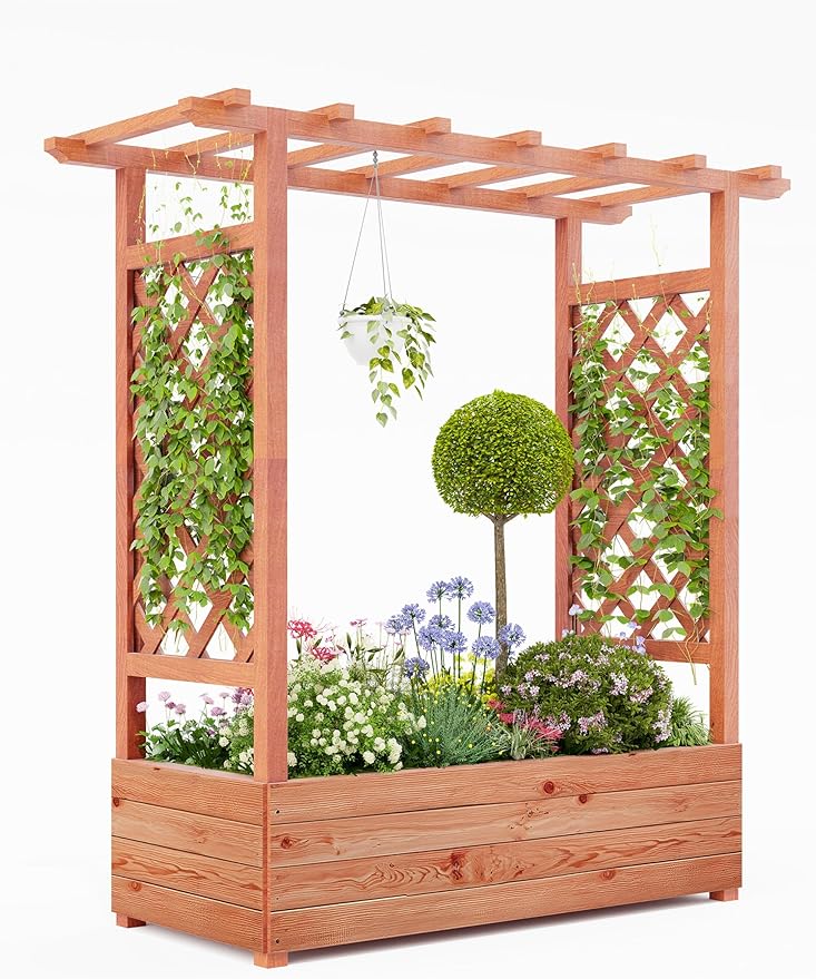 Raised Garden Bed with Trellis, Wood Planter Box with Hanging Roof & Drainage, Elevated Garden Bed for Climbing Plants, Vegetables, Flowers