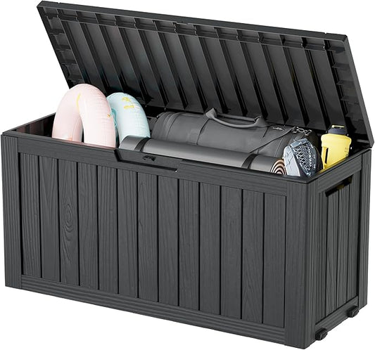 NUNU LAB 75 Gallon Outdoor Storage Box,Deck Box Resin Large Sturdy, Backyard Outside Storage Box Waterproof with Double Wall Panels,Package Delivery Box,Garden Outdoor Hose Storage Bin
