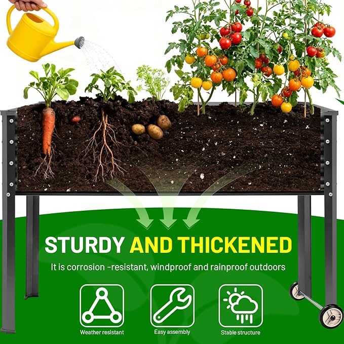 Land Guard 2 Pack Galvanized Raised Garden Bed with Legs & Wheels, 48×18×32in Metal Elevated Raised Planter Box for Backyard, Patio, Balcony, 500lb Capacity, Dark Grey
