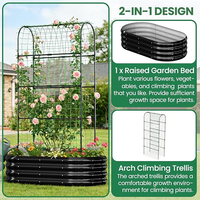 SUNYRISY 2Pack Galvanized Raised Garden Bed with 71in Arch Trellis for Climbing Plants, Outdoor Planter Box with Climbing Net for Gardening Flowers Vegetables Fruits Herbs, Black