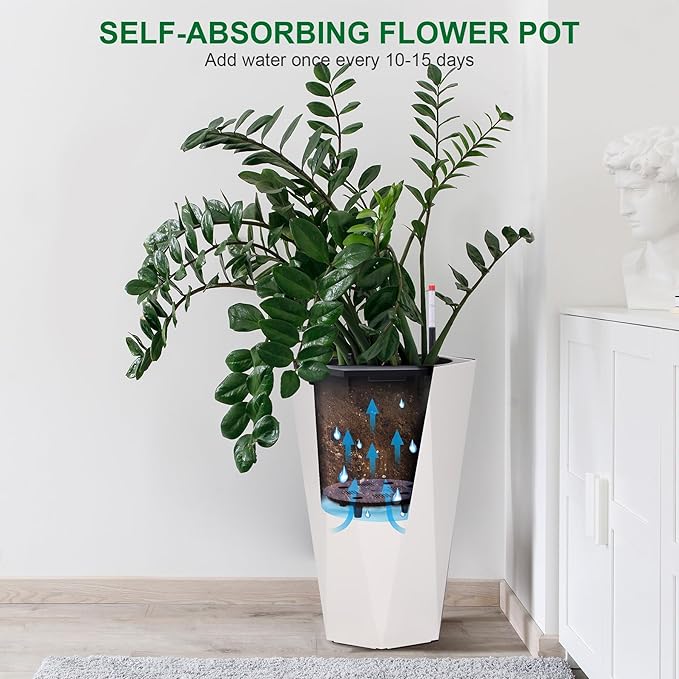 Set of 2 Tall Planters for Outdoor Plants, 22.5" Large Planter Pots with Drainage Holes & Water Level Monitor, Self-Watering Flower Pots for Patio, Porch, Garden, Front Door Decor, Indoor Outdoor