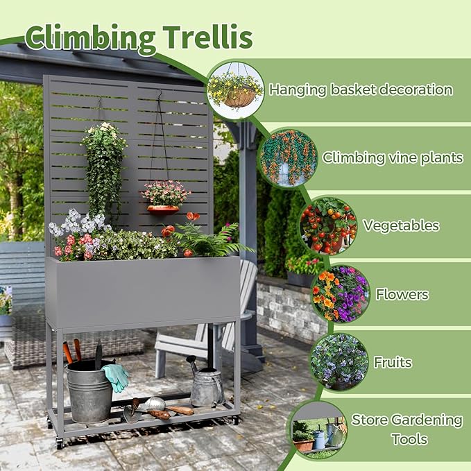 Metal Planter Box with Trellis,67" H x35 W Raised Garden Beds with Privacy Screen for Climbing Plants Flower, Elevated Standing Planter Garden Bed with Drainage Holes for Outdoor Patio,Grey