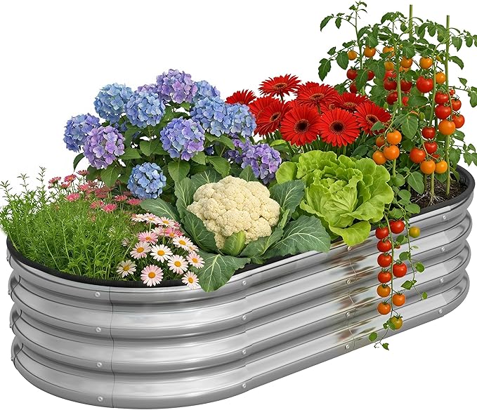 Anmiro Galvanized Metal Raised Garden Bed Kit for Outdoor Planter Boxes with Easy Assembly,4x2x1ft-2PCS Oval Large Galvanized Gardening Raised Bed for Vegetables, Fruits, Flower (Silver, 4 * 2 * 1ft)