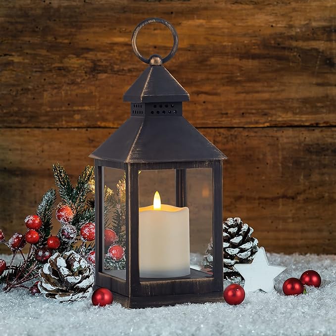 Yongmao Vintage Golden Brushed Black Lantern Decorative LED Flickering Flameless Candle with Timer, Battery Powered LED Decorative Hanging Lanterns for Indoor Outdoor Garden Yard Home Decor(4 Pack)