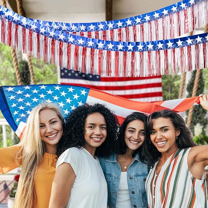Mega-L 4th of July Decorations 4Packs 78 Feet Foil Fringe Garland Tinsel Streamers, Red White and Blue Star Metallic Hanging Backdrop Banner Table Skirts for Parade Floats Memorial Day Patriotic Party