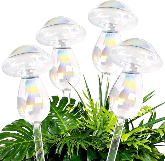 Plant Watering Globes, Iridescent Rainbow Glass Water Bulbs Self Watering Spikes Planter Insert Automatic Plant Watering Device for Indoor and Outdoor Plants (4Pcs, Mushroom Shaped)