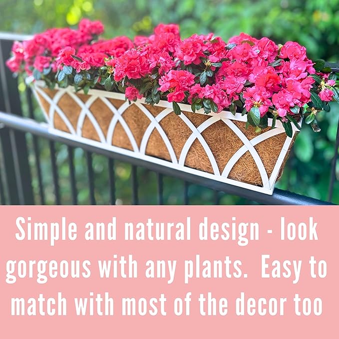 LaLaGreen Wall Planter (30 Inch, 2 Pack)White Metal Rectangular Hanging Flower Box Window Boxes Planters with Coco Liner, Flower Basket Plant Holder Deck Rail Railing Patio Horse Trough Balcony Fence