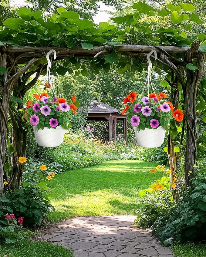 7inch Hanging Planters for Indoor Outdoor Plants,4 Pieces Plastic Hanging Flower Pots Chain Holder Garden Decoration,Round Plastic Hanging Baskets for Garden Porch Plants (Beige White)