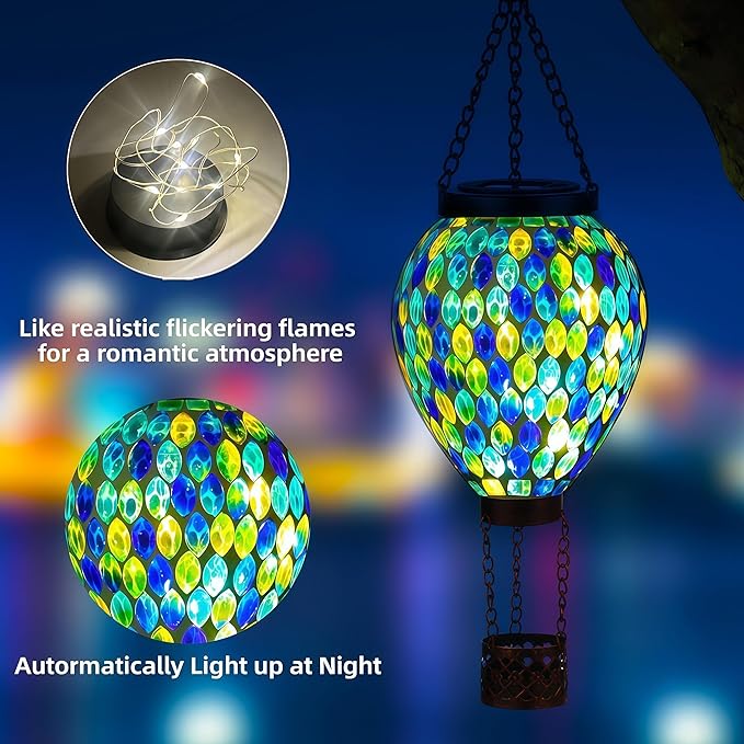 VOREEN Hot Air Balloon Solar Lantern, Handmade Mosaic Solar Outdoor Hanging Wind Light, Waterproof, Patio Festive Decor, Gift for Mom Wife Friend, Blue