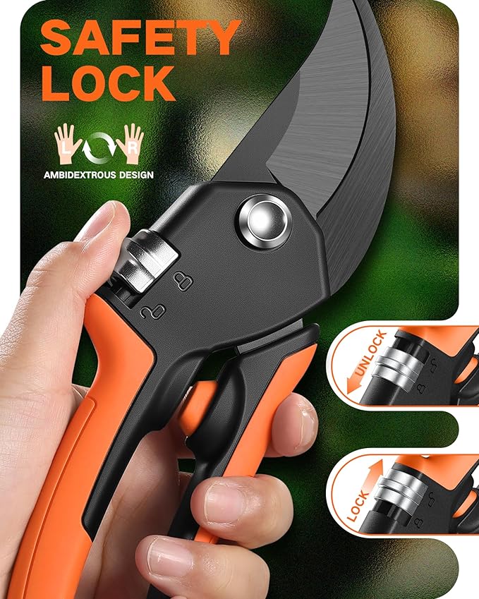 VOTREK 8.5" Pruning Shears for Gardening, 【Unique Stepless Handle Opening】Professional Bypass Garden Clipper, Heavy Duty Plant Pruners for Branch 【SK5 Steel Blades】【Built-in Spring】【All Hand Sizes】