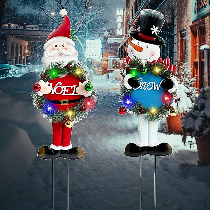 Solar Christmas Yard Decorations Outdoor - 2 Pack Metal Xmas Yard Signs 30” Snowman Santa Claus Lighted Garden Stakes with Colorful Lights for Garden Pathway Holiday Winter Lawn