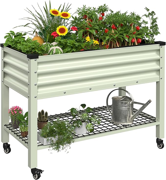 MUPATER 48" L x 24" W x 34" H Galvanized Steel Raised Garden Bed, 507lbs Capacity Large Metal Elevated Raised Planter Box with Rolling Casters & Extra Bottom Shelf for Patio, Balcony, Beige