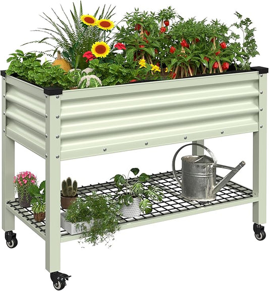 MUPATER 48" L x 24" W x 34" H Galvanized Steel Raised Garden Bed, 507lbs Capacity Large Metal Elevated Raised Planter Box with Rolling Casters & Extra Bottom Shelf for Patio, Balcony, Beige