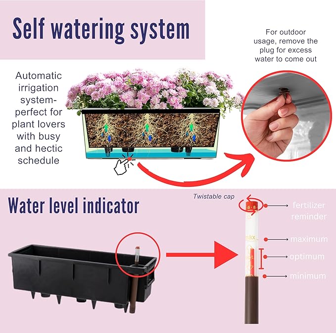 LaLaGreen Window Boxes Planters (20 Inch, 4 Pack) Outdoor Wall Hanging Flower Box with Bracket, Vertical Wall Mounted Self Watering White Rectangular Plant Container Modern Garden Herb Kitchen Indoor