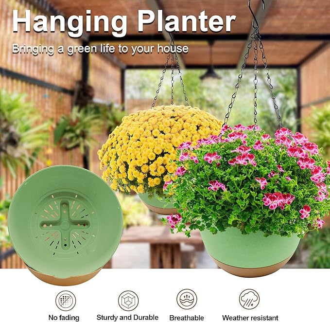 2 Pack Hanging Planters for Outdoor Plants,10 Inch Hanging Pots for Plants Indoor,Plastic Hanging Plant Pots for Outside with Drainage Hole and Removable Saucer for Garden Home