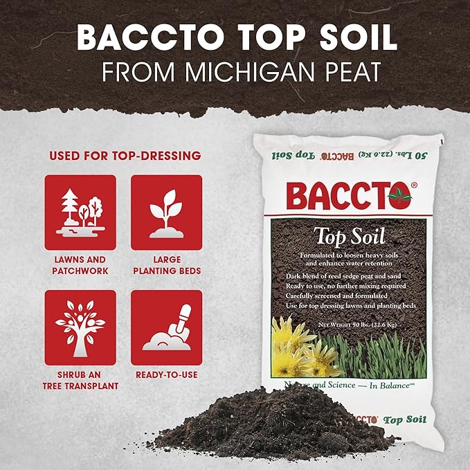 Michigan Peat 8-Pack Baccto Top Soil with Reed Sedge, Peat, and Sand, 50 Lbs - Outdoor Lawn and Gardening Mixture with Nutrients and Minerals - Ideal for Lawns, Gardens, and Raised Planting Beds
