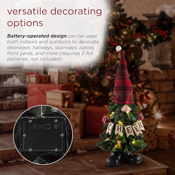 Alpine Corporation 28" Tall Christmas Tree Cheer Gnome Holiday Decoration with 20 Color-Changing LED Lights, Indoor/Outdoor Festive Accent for Porch, Lawn, or Entryway