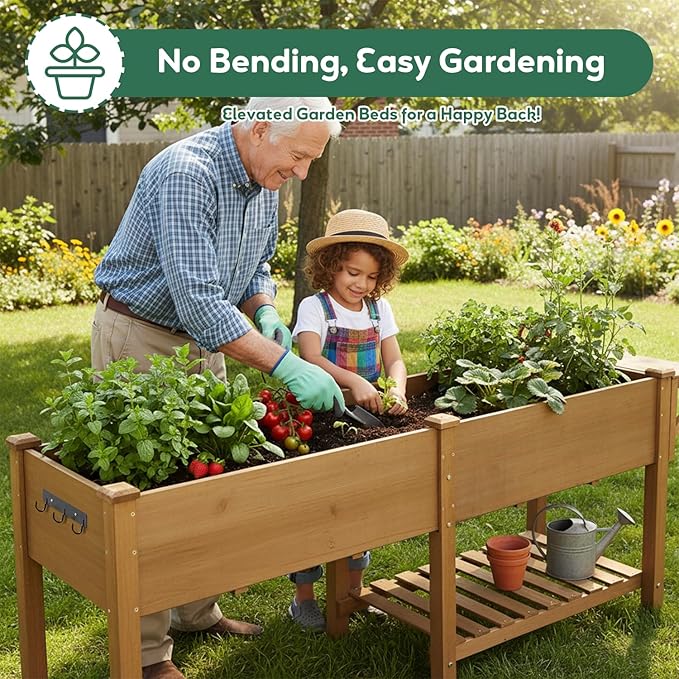 PetsCosset Raised Garden Bed, Storage Shelf, Protective Liner, Table Ledge,Outdoor Garden Bed with Legs for Vegetable, Herb, and Flower Cultivation-Brown (Extension)