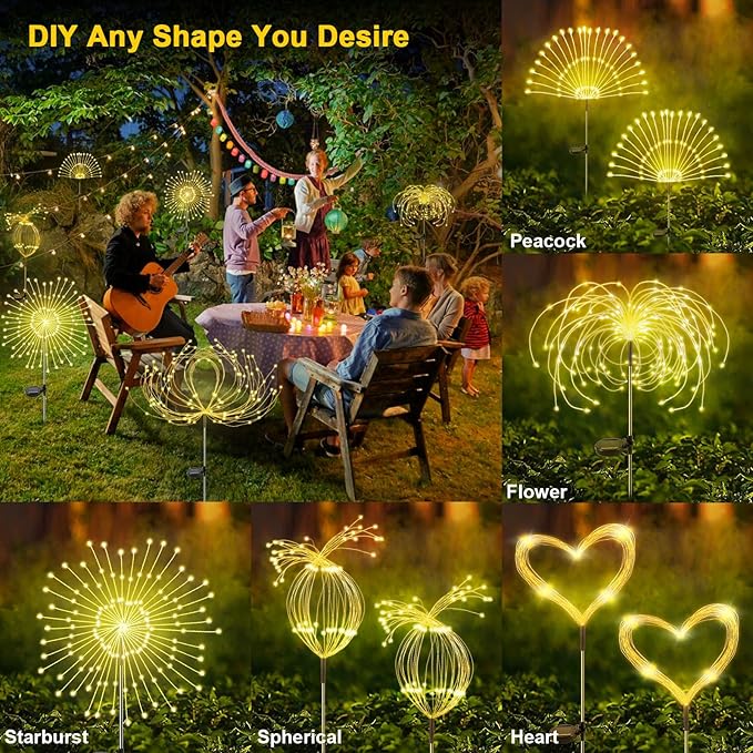 Solar Garden Lights Outdoor, 4 Pack 120 LED Twinkling Firework Lights Decorative with 2 Modes, Outdoor Waterproof Solar Starburst Light for Outside Yard Pathway Garden Decor, Warm White