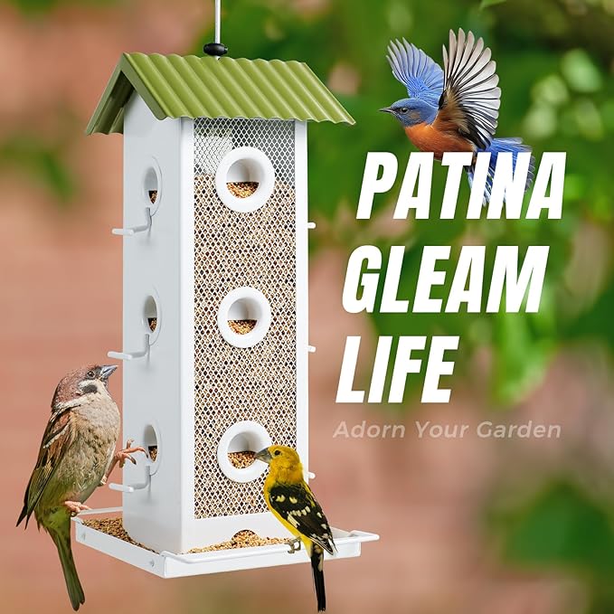 All Metal Bird Feeder for Outdoors Hanging | 14-Port Multi-Bird Viewing | Premium Finish, Waterproof & Easy-Clean | Attracts Cardinals, Finches, Chickadees & More (Crisp White & Green)