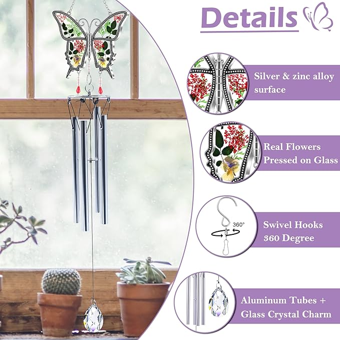 KY&BOSAM New Butterfly Wind Chime with Crystal Sympathy Wind Spinner Memorial Wind Chime for Loss of Loved One Prime Bereavement Sympathy Memorial Gift for Loss of Mother Father Gift Home Garden Decor