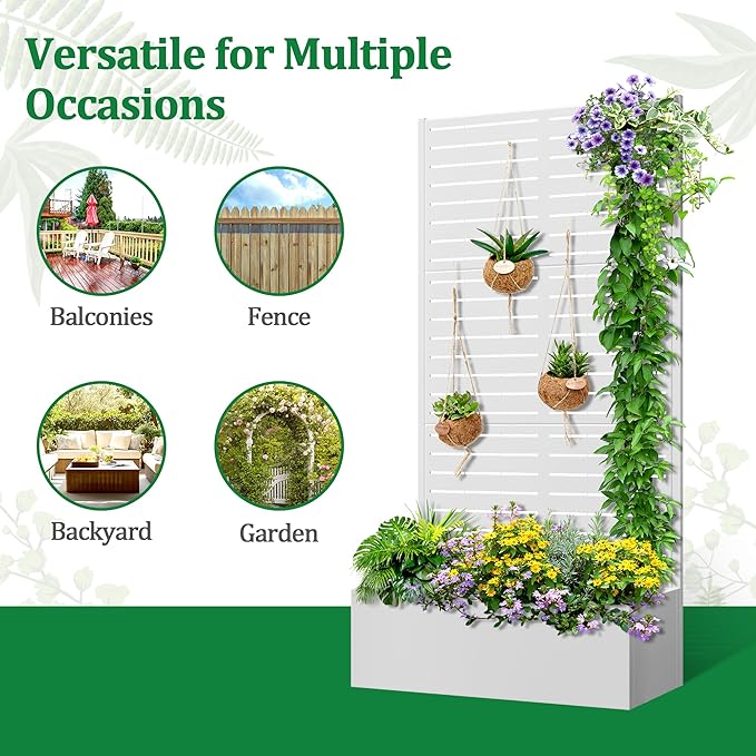 Metal Raised Garden Bed with Trellis, 2 in 1 Trellis with Planter Box & Privacy Screen for Climbing Plants, Vine, Outdoor Standing Flower Beds with Drainage Holes, 35.4" L x 15.7" W x 70.9" H, White
