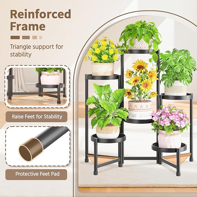 LASZOLA 6 Tiered Folding Tall Plant Stand Indoor for Multiple Large Planter, Heavy Duty Metal Adjustable Flower Rack for Narrow Corner, Sturdy Vertical Spiral Shelving Holder for Modern House, Black