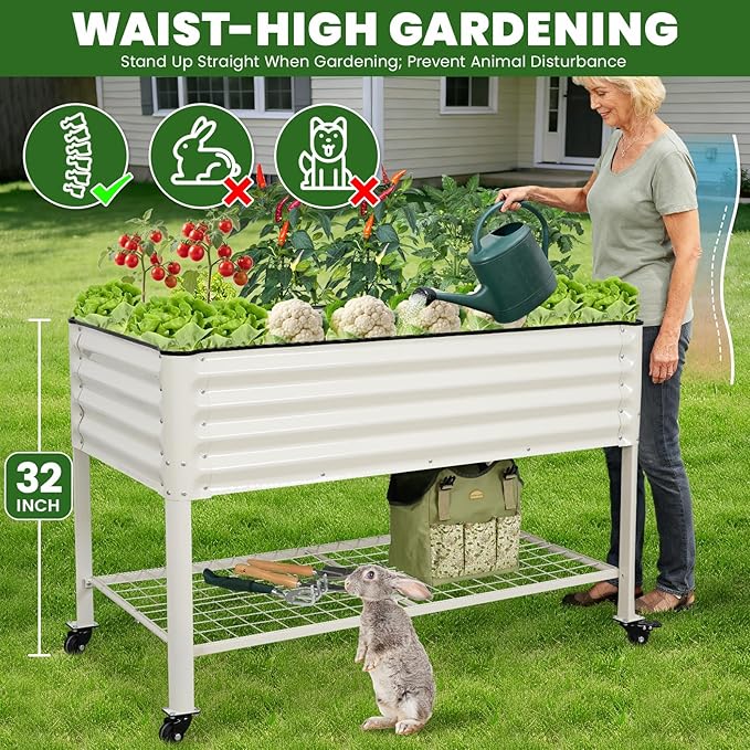 Elevated Raised Garden Bed 2' x 4' - Galvanized Planter Boxes with Legs, Wheels, and Storage Rack, Outdoor Planters for Backyard/Patio/Balcony with Drainage Holes for Vegetables, Flowers, Herbs, White