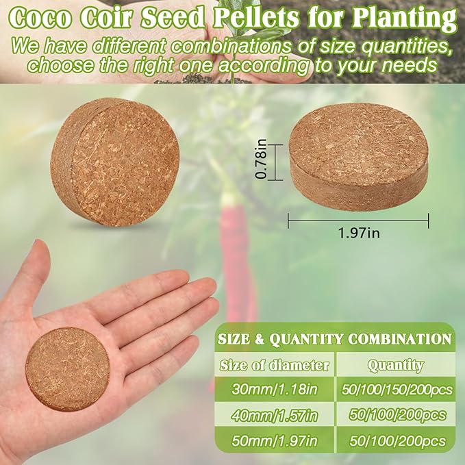 ZeeDix 100pcs 50mm Coco Coir Pellets Potting Soil, Organic Coconut Fiber Seed Starter Soil Pellets, Coconut Coir Soil Discs for Indoor Outdoor Plants, Herbs Houseplants Flowers Succulents Vegetables