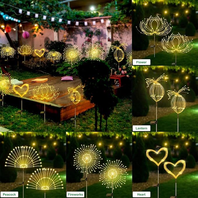 Solar Garden Lights Outdoor Waterproof, 2 Pack 120 LED Solar Firework Lights Decorative Garden Décor Outside for Flowerbed Pathway Party Christmas Decoration, Warm White
