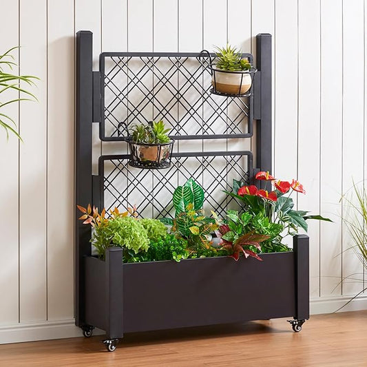 Metal Raised Garden Bed with Trellis, 50Hx38Wx14D Inch Compact Planter Box for Climbing Plants, Patio Balcony Garden, Privacy Screen with Wheels and Drainage Holes, Black