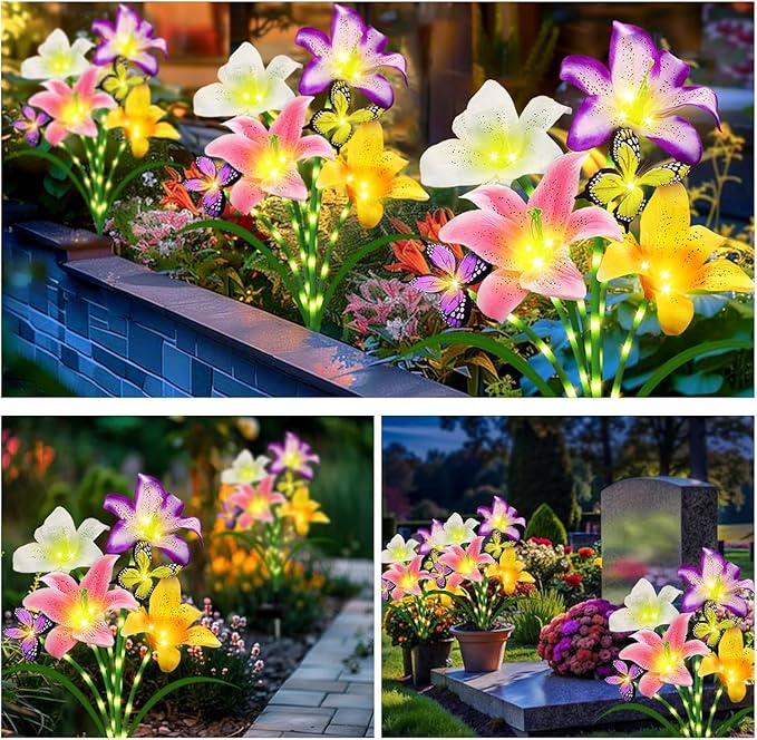 6 Pack Solar Garden Lights LED Solar Lilies Flower Lights, Yard Patio Pathway Decoration High Flexibility Copper Wire Handmade Silk Artificial Flowers Never Wither, Gift for Family Friends