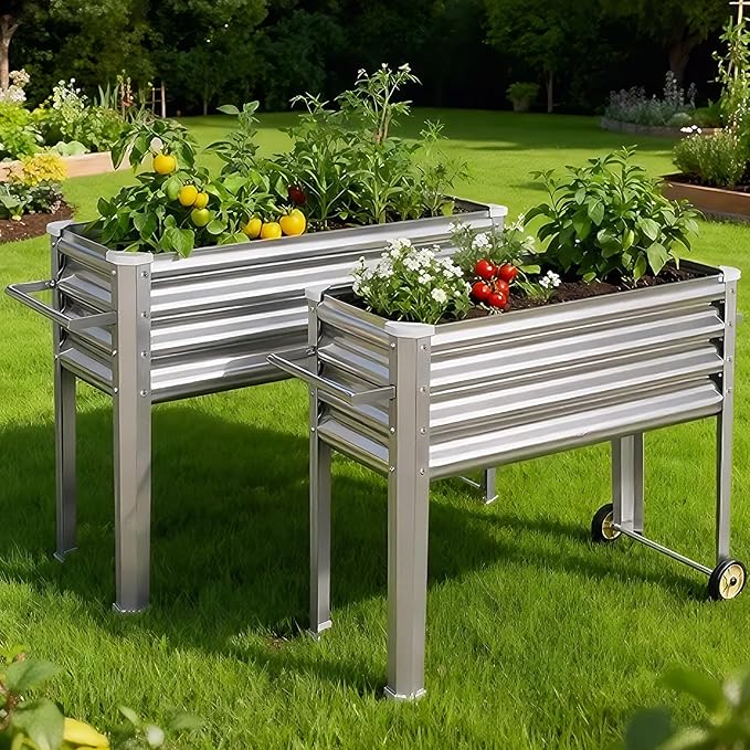 Land Guard 2 Pack Galvanized Raised Garden Bed with Legs & Wheels, 36×12×32in Metal Elevated Raised Planter Box for Backyard, Patio, Balcony, 300lb Capacity, Silver