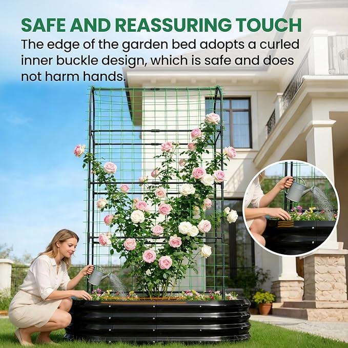 SUNYRISY 2Pack Galvanized Raised Garden Bed with 71in Arch Trellis for Climbing Plants, Outdoor Planter Box with Climbing Net for Gardening Flowers Vegetables Fruits Herbs, Black