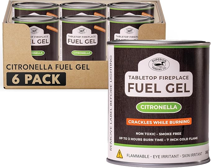 Superior Trading Co. Citronella Gel Fuel Cans, Clean-Burning Bioethanol, Smoke-Free, Fresh Scent 3-Hour Burn, Indoor & Outdoor Safe, 368g, 6 Pack