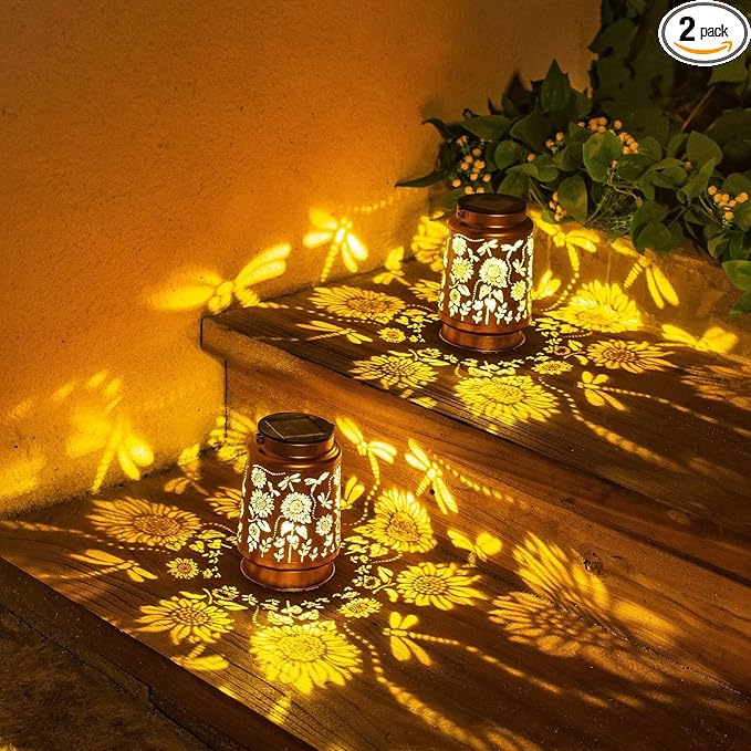 2 Pack Dragonfly Solar Lanterns Outdoor Waterproof Hanging Sunflower Solar Lights Gifts for Women Men Metal Decorative LED Lanterns Outside for Garden, Yard, Patio, Lawn, Porch, Backyard