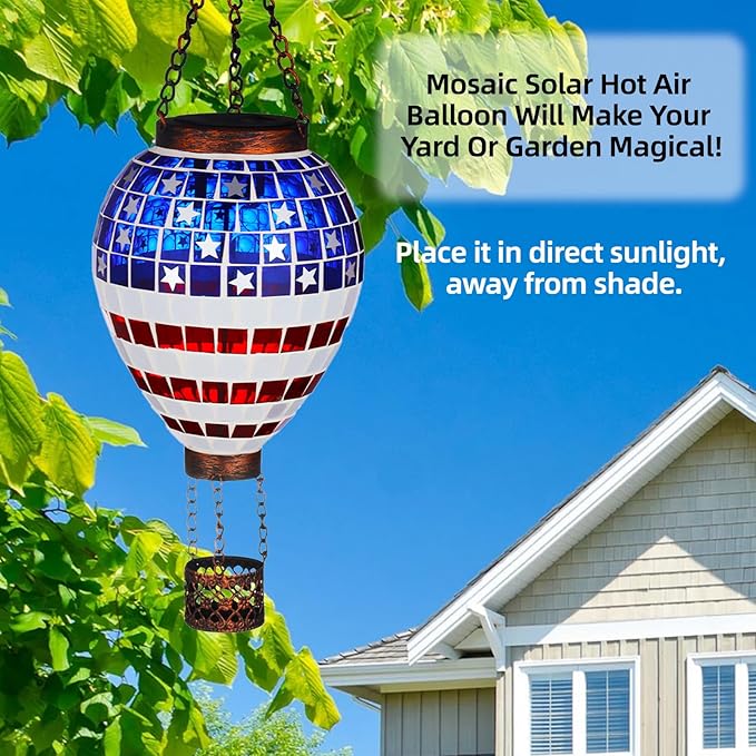 VOREEN American Flag Hot Air Balloon Solar Lantern, Handmade Mosaic Outdoor Hanging Wind Light, IP44 Waterproof, Patio Decorations, Gift for Mom Wife Friend, Patriotic Theme, 4th of July Decor