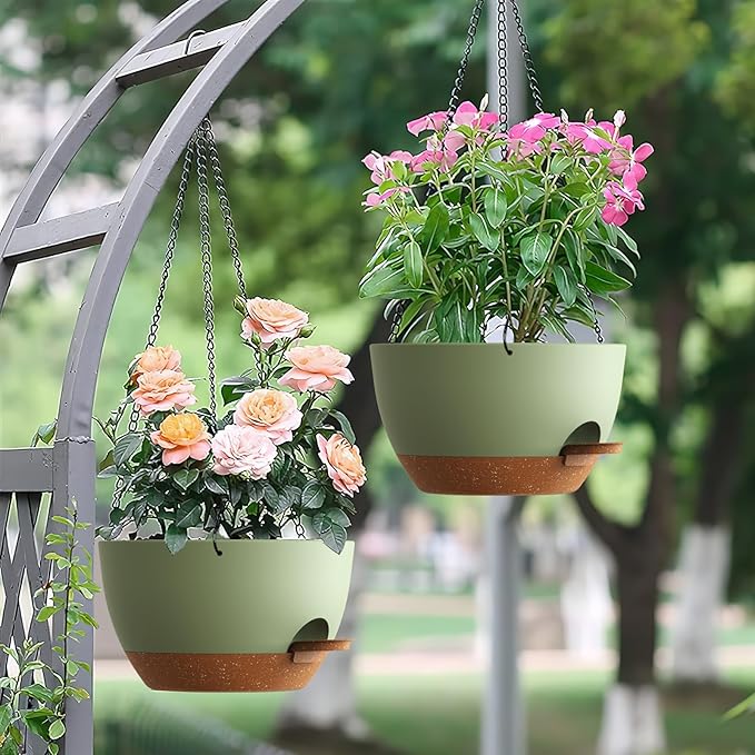 Set of 3-10 Inch Self Watering Hanging Planters for Indoor & Outdoor，Hanging Plant Pots with Drainage & Removable Tray, Modern Hanging Pots Holder for Ivy, Ferns, Balcony & Patio, Green and Brown