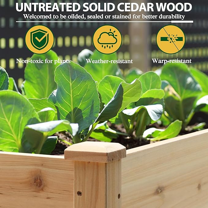 BlueWish 48" W x 24" D x 33" H Planter Boxes Outdoor, Cedar Garden Bed with Detachable Black Liner, Drainage Holes, Storage Shelf, Raised Beds for Gardening, Vegetable, Flower