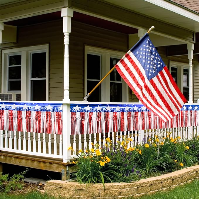 Mega-L 4th of July Decorations 4Packs 78 Feet Foil Fringe Garland Tinsel Streamers, Red White and Blue Star Metallic Hanging Backdrop Banner Table Skirts for Parade Floats Memorial Day Patriotic Party