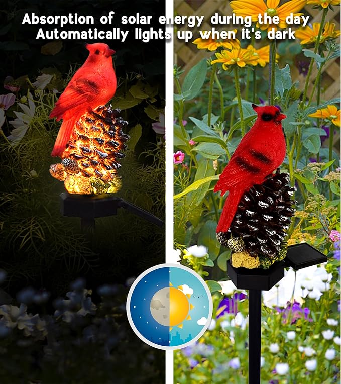 Cardinal Decor Solar Garden Decor Waterproof Red Bird Figurine Solar Stake Lights for Outside Yard Patio Lawn Porch Cemetery