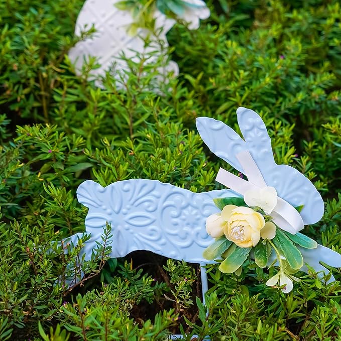 Set of 3 Rabbit Garden Stakes - Blue White Pink Metal Silhouettes with Flower Collars, Whimsical Lawn Decor for Flower Beds & Spring Yard