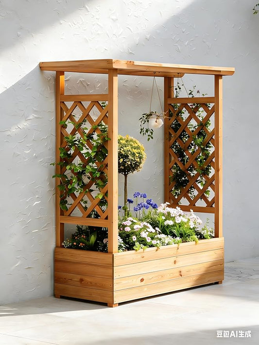 Raised Garden Bed with Trellis and Hanging Roof, Wooden Planter Box with Side Supports and Drainage, Freestanding Elevated Planter for Climbing Plants, Vines, and Flowers, 43x17x44Ft