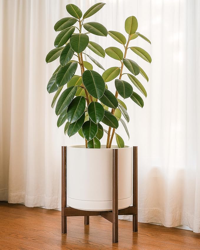 D'vine Dev Ceramic Planter with Walnut Color Stand - 14 Inch Modern Round Flower Pot with Wood Planter Holder, Oatmeal, 55-B-T-8