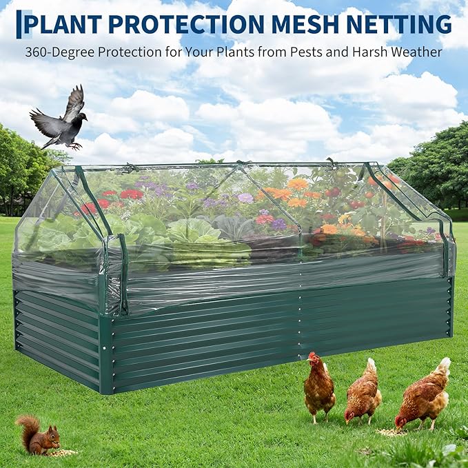 Galvanized Raised Garden Bed Kit with Cover Heavy-Duty Modular Metal Planter Raised Beds for Vegetables with Tool-Assisted Simple Assembly, Reinforced Panels & Optimal Drainage