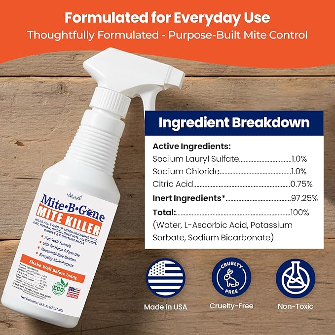 Mite Killer Spray by Mite-Be-Gone - 16oz | Naturally Kills Human Mites, Chicken, Bird, Dust, Spider, Rat, Turkey, Carpet Mites | Family & Pet Safe Treatment for Homes, Furniture, Bedding & Farms